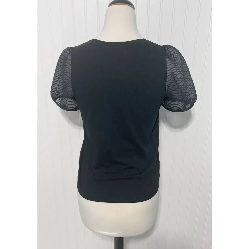 Madewell Striped Sheer Puff Sleeve Knit T-Shirt Crewneck Short Sleeve Black XS‎